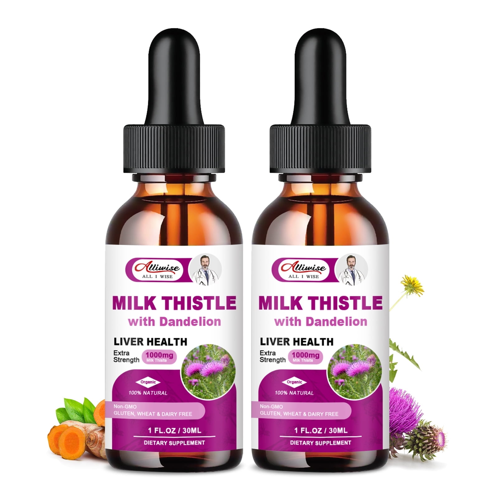 ALLIWISE MILK THISTLE DROPS 1000MG WITH SILYMARIN DANDELION ROOT FOR LIVER SUPPORT, 2 FL OZ