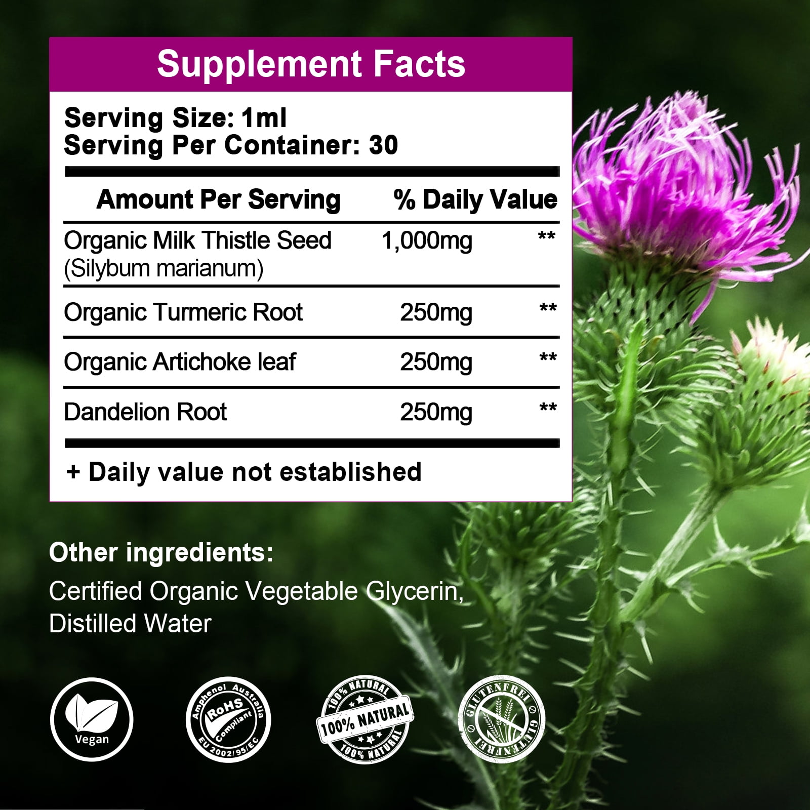 ALLIWISE MILK THISTLE DROPS 1000MG WITH SILYMARIN DANDELION ROOT FOR LIVER SUPPORT, 2 FL OZ