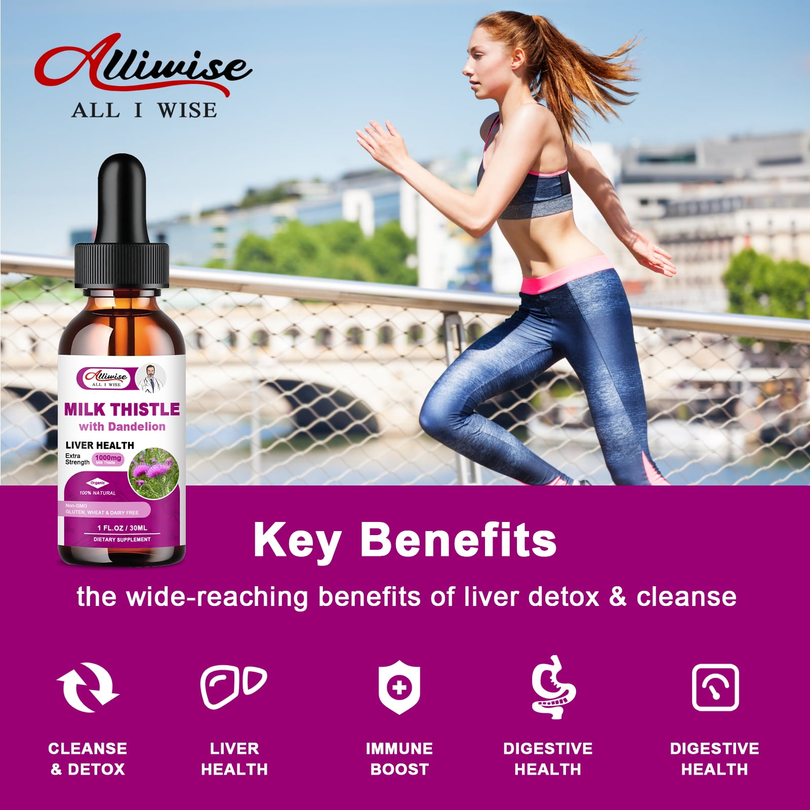 ALLIWISE MILK THISTLE DROPS 1000MG WITH SILYMARIN DANDELION ROOT FOR LIVER SUPPORT, 2 FL OZ