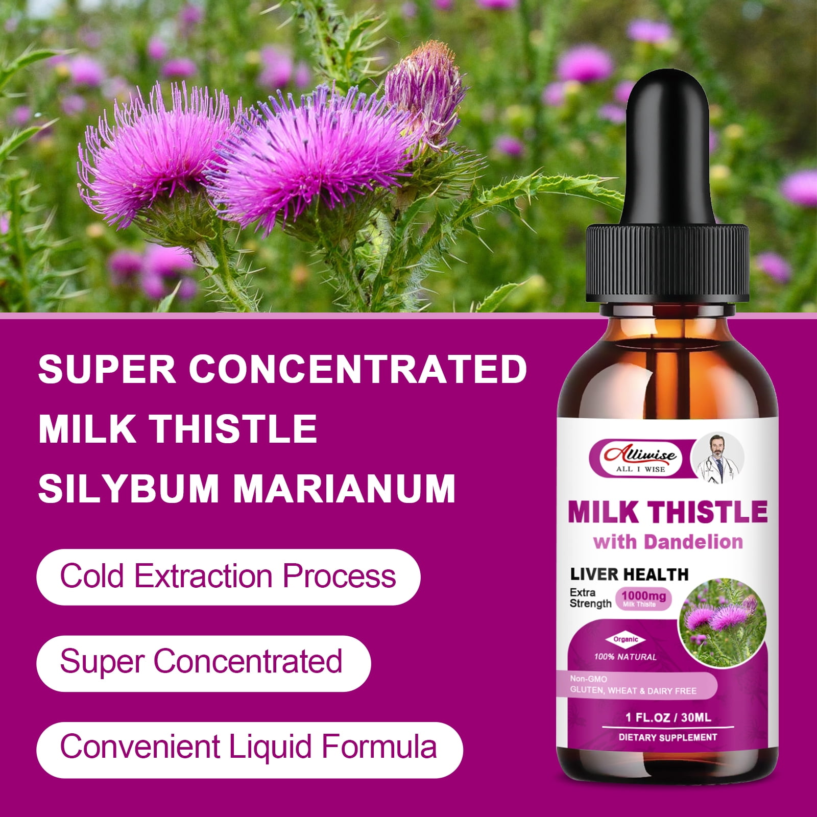 ALLIWISE MILK THISTLE DROPS 1000MG WITH SILYMARIN DANDELION ROOT FOR LIVER SUPPORT, 2 FL OZ
