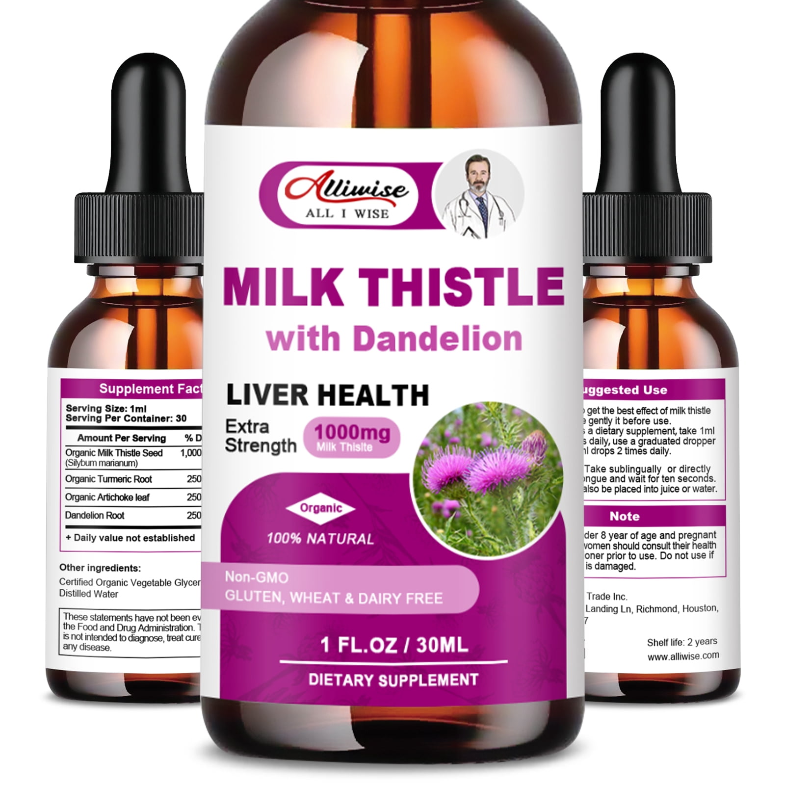 ALLIWISE MILK THISTLE DROPS 1000MG WITH SILYMARIN DANDELION ROOT FOR LIVER SUPPORT, 2 FL OZ