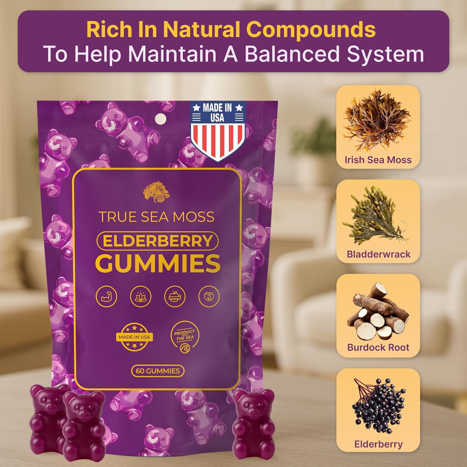 TRUE SEA MOSS SEA MOSS GUMMIES WITH ELDERBERRY, BURDOCK ROOT BLADDERWRACK FOR IMMUNE THYROID SUPPORT
