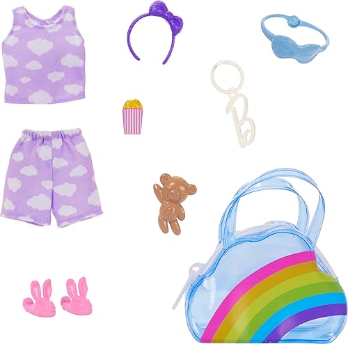 MATTEL BARBIE DELUXE RAINBOW BAG KEYCHAIN WITH PAJAMAS, SLIPPERS SLUMBER PARTY ACCESSORIES