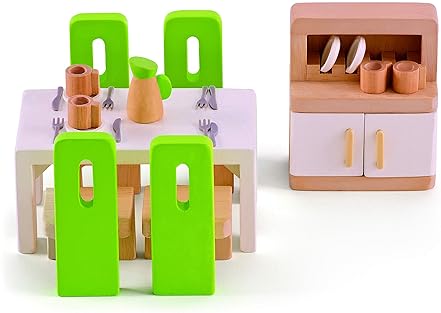 HAPE 1 12 SCALE WOODEN DOLLHOUSE DINING ROOM FURNITURE SET WITH ACCESSORIES MINIATURE