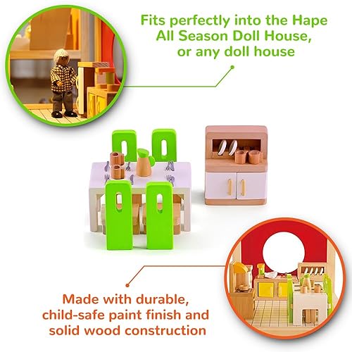 HAPE 1 12 SCALE WOODEN DOLLHOUSE DINING ROOM FURNITURE SET WITH ACCESSORIES MINIATURE