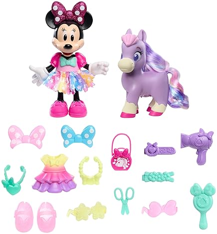 JUST PLAY DISNEY JUNIOR MINNIE MOUSE GROOM GLAM PONY SET 21-PIECE POSEABLE DOLL ACCESSORIES, AGES 3