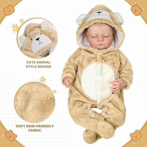 BABESIDE KHAKI BEAR ONESIE HAT SET FOR 17-22 INCH REBORN BABY DOLLS, GIRLS BOYS ACCESSORIES