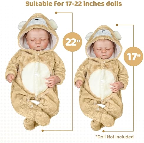 BABESIDE KHAKI BEAR ONESIE HAT SET FOR 17-22 INCH REBORN BABY DOLLS, GIRLS BOYS ACCESSORIES