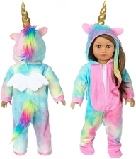 BDDOLL 18 INCH DOLL CLOTHES RAINBOW UNICORN COSTUME ONESIE PAJAMA WITH HAIR BOWS ANGEL WINGS