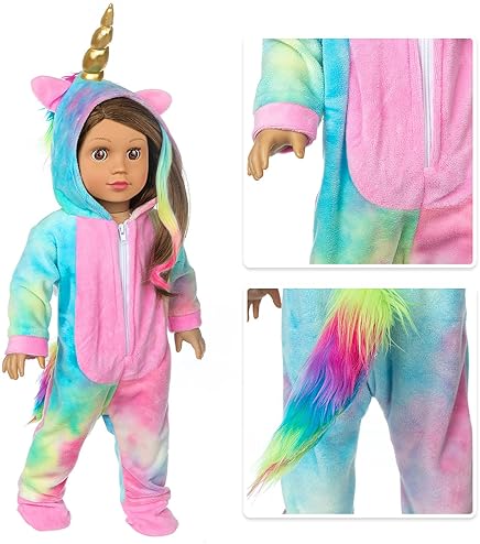 BDDOLL 18 INCH DOLL CLOTHES RAINBOW UNICORN COSTUME ONESIE PAJAMA WITH HAIR BOWS ANGEL WINGS