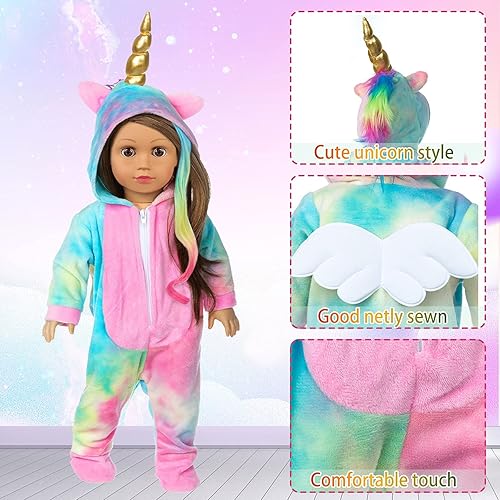 BDDOLL 18 INCH DOLL CLOTHES RAINBOW UNICORN COSTUME ONESIE PAJAMA WITH HAIR BOWS ANGEL WINGS