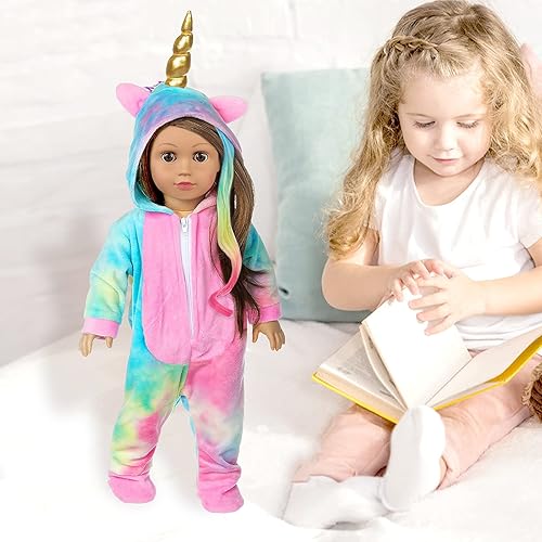 BDDOLL 18 INCH DOLL CLOTHES RAINBOW UNICORN COSTUME ONESIE PAJAMA WITH HAIR BOWS ANGEL WINGS