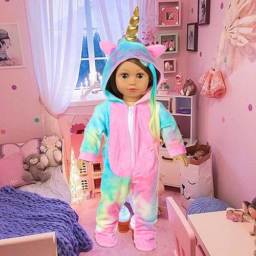 BDDOLL 18 INCH DOLL CLOTHES RAINBOW UNICORN COSTUME ONESIE PAJAMA WITH HAIR BOWS ANGEL WINGS