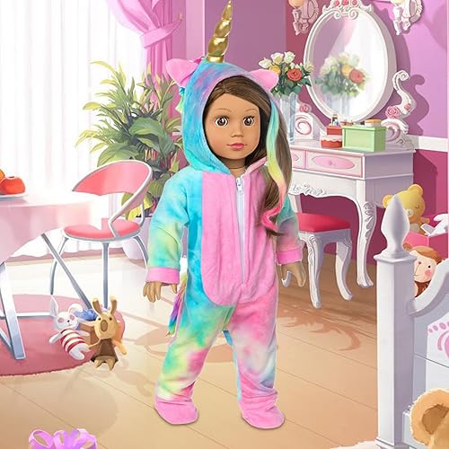 BDDOLL 18 INCH DOLL CLOTHES RAINBOW UNICORN COSTUME ONESIE PAJAMA WITH HAIR BOWS ANGEL WINGS