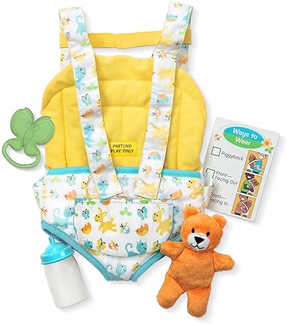 MELISSA DOUG MINE TO LOVE BABY DOLL CARRIER PLAY SET WITH TOY BEAR, BOTTLE, RATTLE CARD