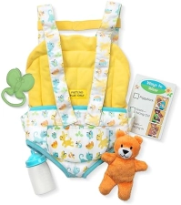 MELISSA DOUG MINE TO LOVE BABY DOLL CARRIER PLAY SET WITH TOY BEAR, BOTTLE, RATTLE CARD
