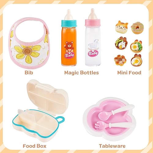 BABESIDE 5-PIECE FEEDING SET FOR 12-16 INCH BABY DOLLS BIBS, BOTTLES, TRAY MINI FOOD TOYS