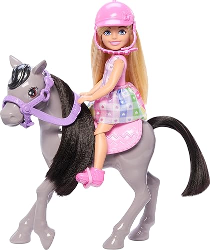 MATTEL BARBIE CHELSEA DOLL GRAY PONY HORSE SET WITH HELMET, SADDLE BENDABLE KNEES TOY