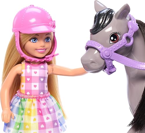 MATTEL BARBIE CHELSEA DOLL GRAY PONY HORSE SET WITH HELMET, SADDLE BENDABLE KNEES TOY