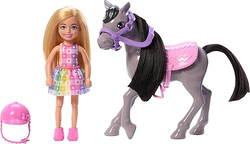 MATTEL BARBIE CHELSEA DOLL GRAY PONY HORSE SET WITH HELMET, SADDLE BENDABLE KNEES TOY