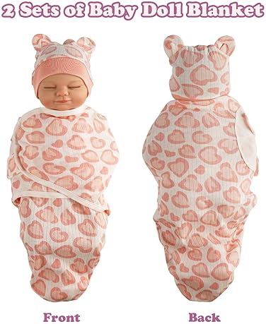 BABESIDE 2 SETS REBORN BABY DOLL BLANKETS HATS FOR 17-24 INCH NEWBORN DOLLS, PINK PURPLE