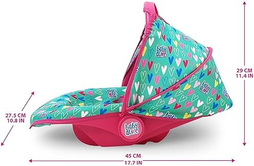 BABY ALIVE DELUXE DOLL CAR SEAT GREEN PINK HEARTS FOR DOLLS UP TO 18 - PORTABLE TOY 3