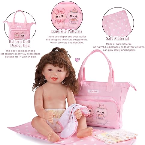 BABESIDE 5-PCS REBORN BABY DOLL DIAPER BAG SET WITH CHANGING PAD FOR 17-24 INCH DOLLS, PINK