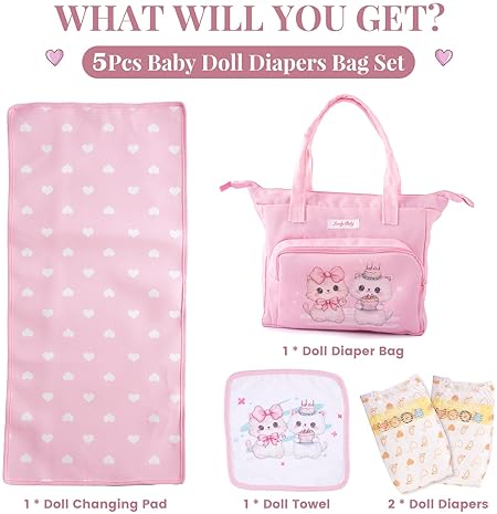 BABESIDE 5-PCS REBORN BABY DOLL DIAPER BAG SET WITH CHANGING PAD FOR 17-24 INCH DOLLS, PINK