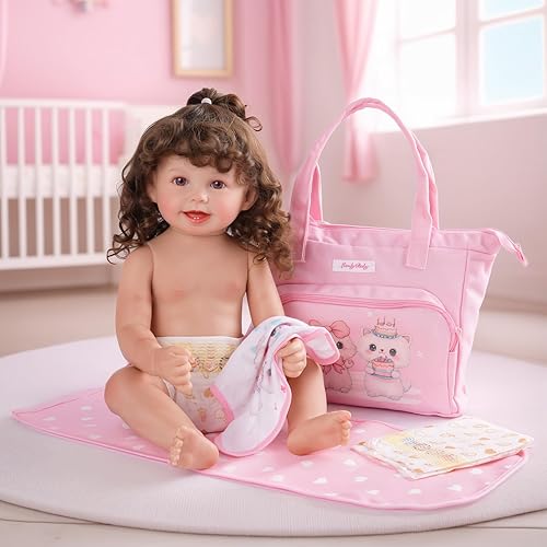 BABESIDE 5-PCS REBORN BABY DOLL DIAPER BAG SET WITH CHANGING PAD FOR 17-24 INCH DOLLS, PINK