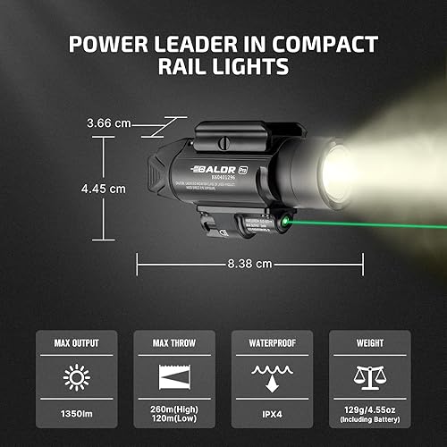 OLIGHT BALDR PRO 1350 LUMEN TACTICAL WEAPON LIGHT GREEN WHITE LED 260M BEAM, 1913 GL RAIL