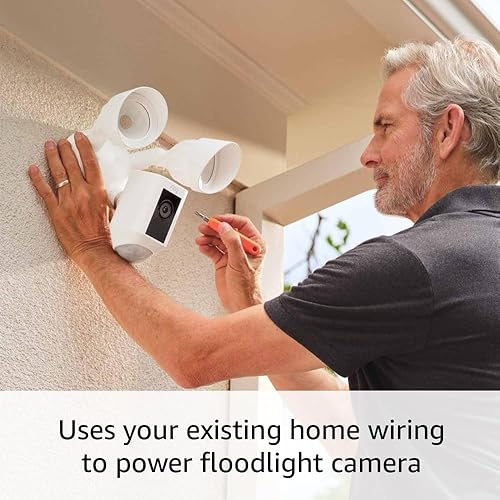 RING FLOODLIGHT CAM WIRED PLUS WHITE 1080P HD OUTDOOR SECURITY CAMERA WITH MOTION-ACTIVATED FLOODLIG