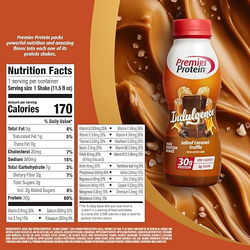 PREMIER PROTEIN INDULGENCE SALTED CARAMEL TRUFFLE PROTEIN SHAKE, 30G PROTEIN, 3G SUGAR, 12-PACK