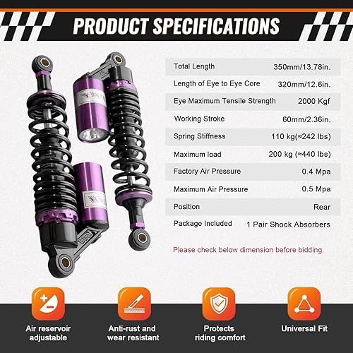GZYF 320MM REAR AIR SHOCK ABSORBERS PAIR UNIVERSAL SUSPENSION FOR SUZUKI YAMAHA KAWASAKI ATV