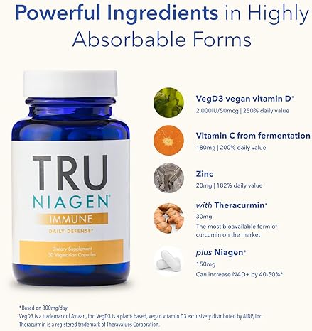 TRU NIAGEN IMMUNE SUPPORT SUPPLEMENT WITH VITAMIN C, D3 2000 IU, ZINC CURCUMIN, 30CT
