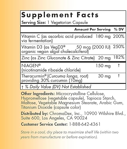 TRU NIAGEN IMMUNE SUPPORT SUPPLEMENT WITH VITAMIN C, VEGAN D3 2000 IU, ZINC CURCUMIN 150MG