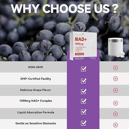 NAD SUPPLEMENTS WITH NICOTINAMIDE RIBOSIDE, RESVERATROL PQQ ANTI-AGING ENERGY BOOSTER, 30 VEGAN GRAP