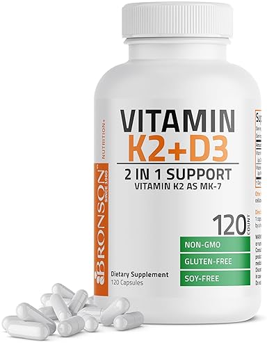 BRONSON VITAMIN K2 MK7 D3 SUPPLEMENT NON-GMO 5000 IU D3 90 MCG K2, 120 EASY CAPSULES