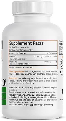 BRONSON VITAMIN K2 MK7 D3 SUPPLEMENT NON-GMO 5000 IU D3 90 MCG K2, 120 EASY CAPSULES