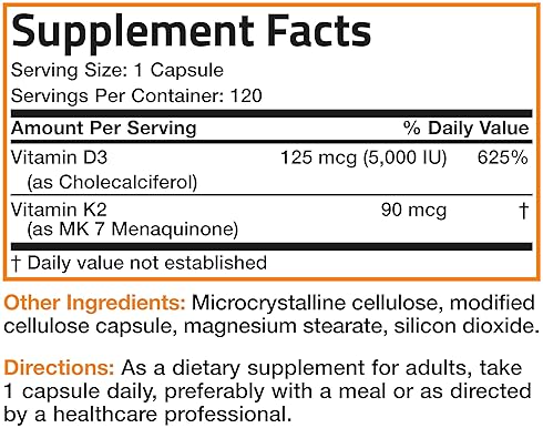 BRONSON VITAMIN K2 MK7 D3 SUPPLEMENT NON-GMO 5000 IU D3 90 MCG K2, 120 EASY CAPSULES