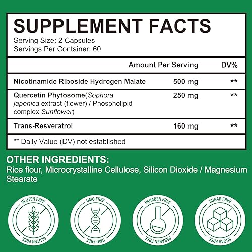 NAD SUPPLEMENT WITH NICOTINAMIDE RIBOSIDE RESVERATROL ANTI-AGING, ENERGY FOCUS, 60 DAYS