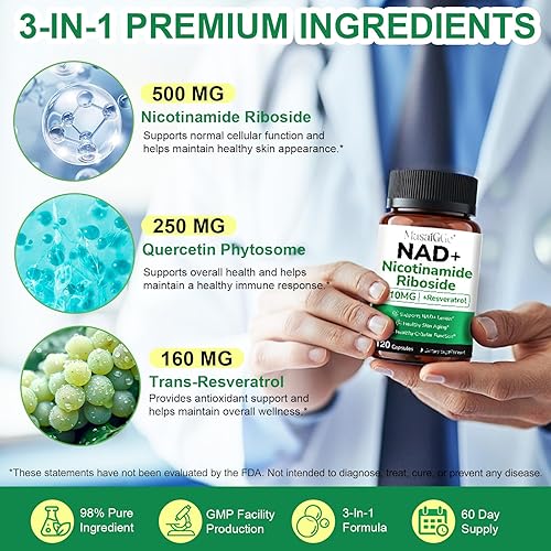 NAD SUPPLEMENT WITH NICOTINAMIDE RIBOSIDE RESVERATROL ANTI-AGING, ENERGY FOCUS, 60 DAYS