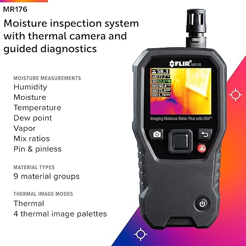 FLIR MR176 THERMAL IMAGING MOISTURE METER WITH IGM, REPLACEABLE HYGROMETER, PIN PINLESS