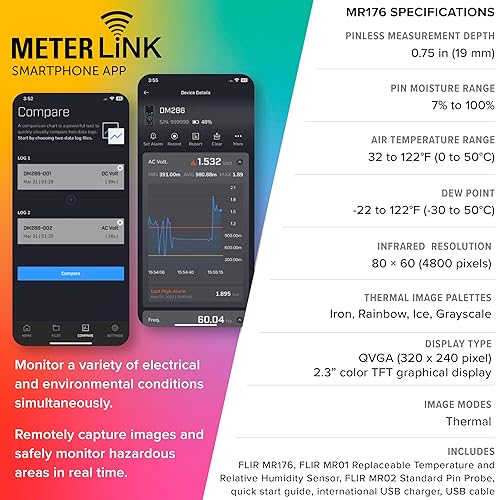 FLIR MR176 THERMAL IMAGING MOISTURE METER WITH IGM, REPLACEABLE HYGROMETER, PIN PINLESS