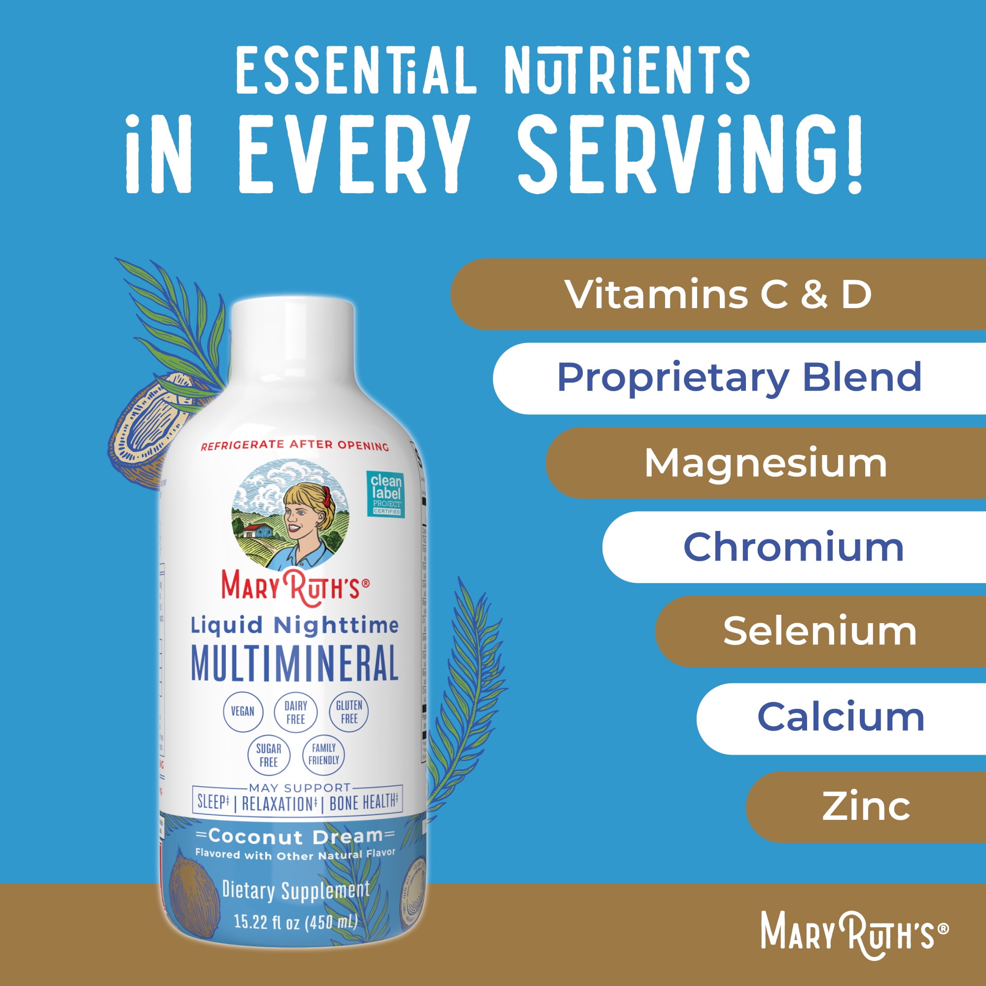 MARYRUTH ORGANICS LIQUID NIGHTTIME MULTIMINERAL MAGNESIUM CITRATE SUPPLEMENT, COCONUT FLAVOR, SUGAR-