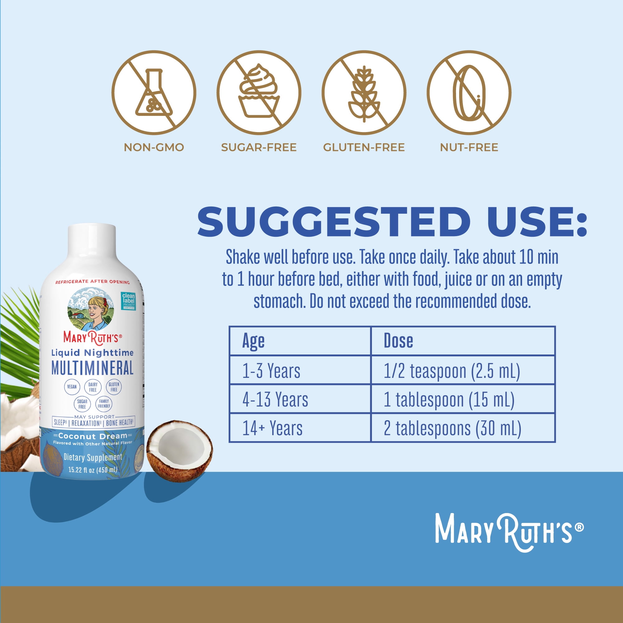 MARYRUTH ORGANICS LIQUID NIGHTTIME MULTIMINERAL MAGNESIUM CITRATE SUPPLEMENT, COCONUT FLAVOR, SUGAR-