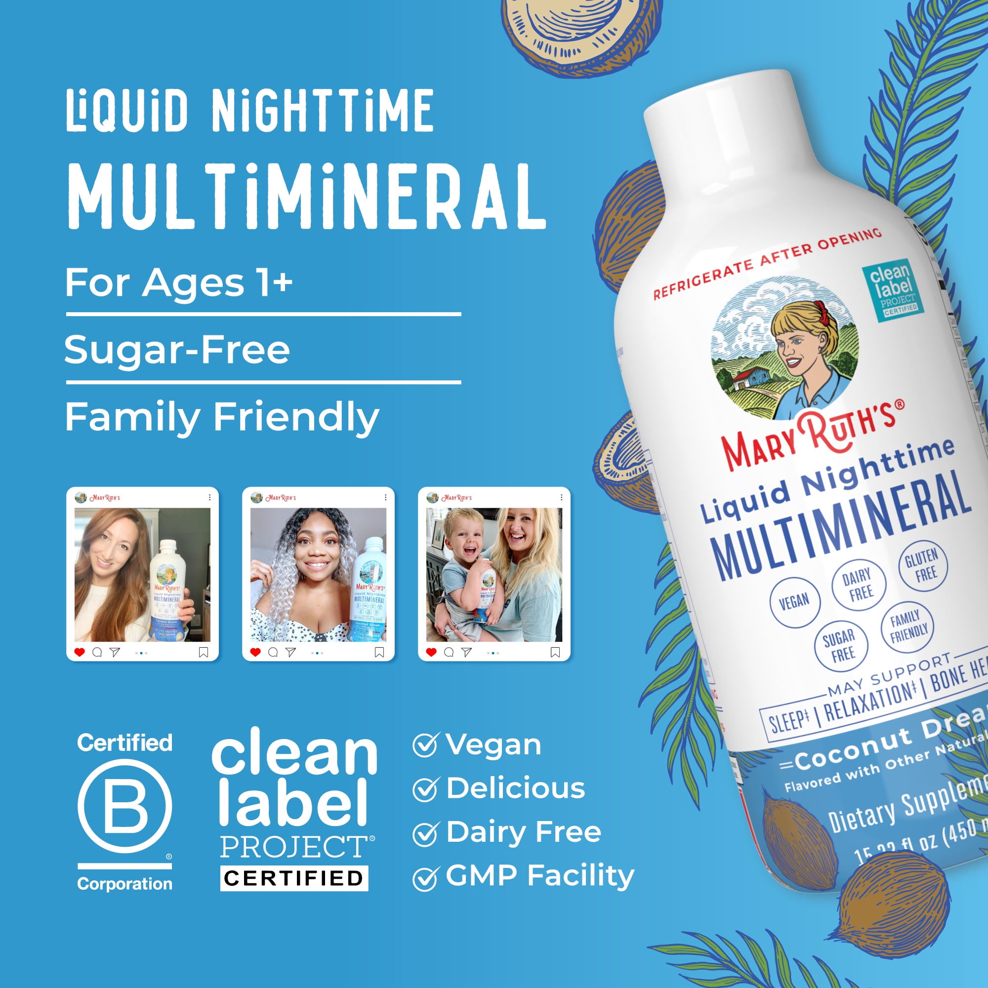 MARYRUTH ORGANICS LIQUID NIGHTTIME MULTIMINERAL MAGNESIUM CITRATE SUPPLEMENT, COCONUT FLAVOR, SUGAR-