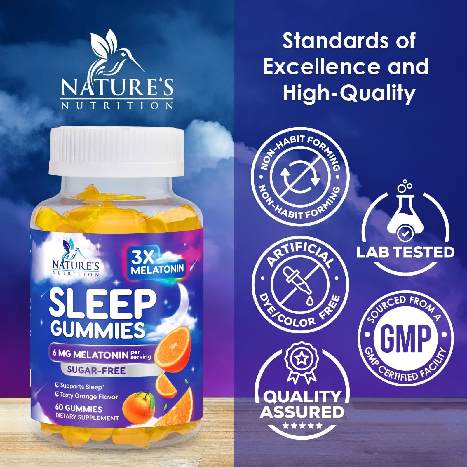 NATURE'S NUTRITION MELATONIN SLEEP GUMMIES 6MG SUGAR FREE EXTRA STRENGTH SLEEP SUPPORT FOR ADULTS, 60 COUNT