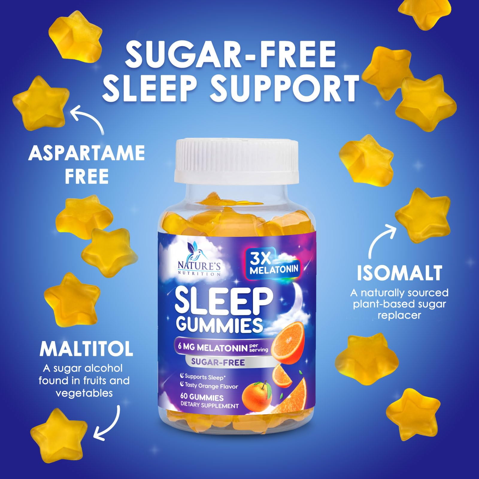 NATURE'S NUTRITION MELATONIN SLEEP GUMMIES 6MG SUGAR FREE EXTRA STRENGTH SLEEP SUPPORT FOR ADULTS, 60 COUNT