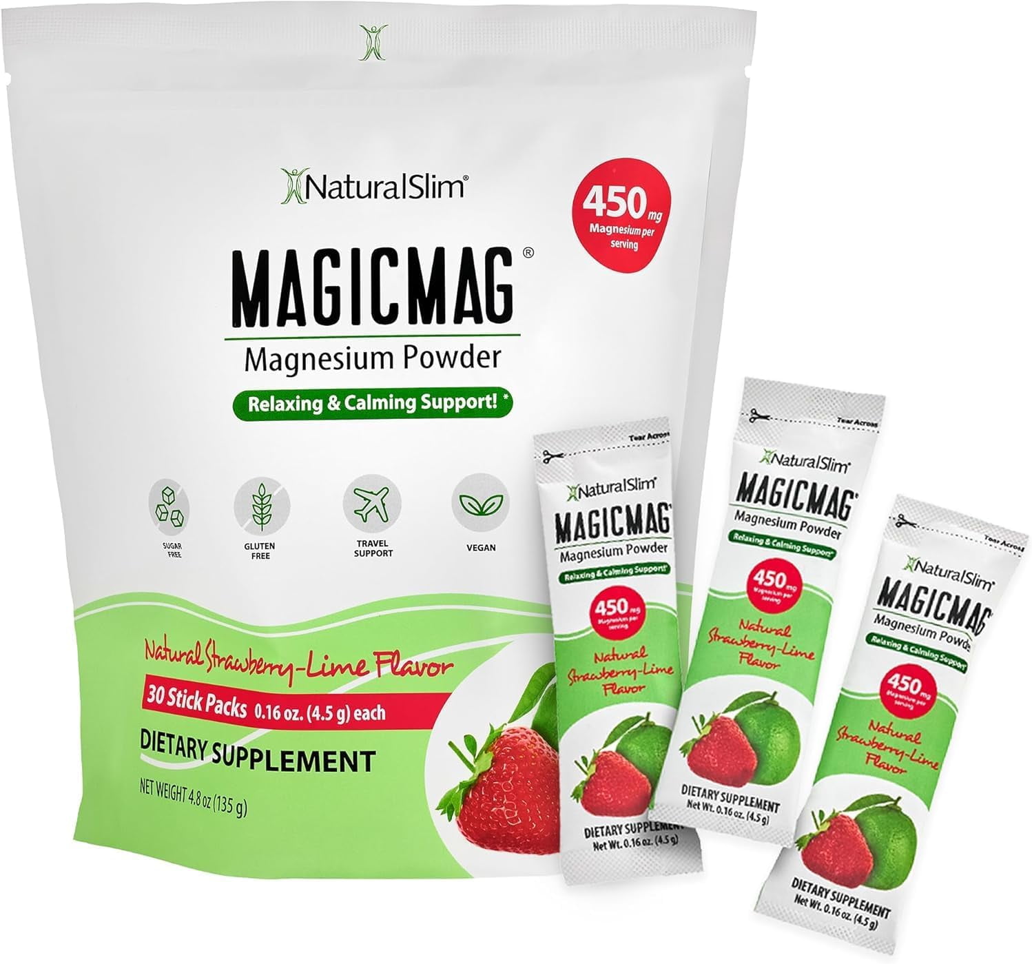 NATURALSLIM MAGICMAG MAGNESIUM CITRATE POWDER STICKS 30 PACKETS FOR STRESS, SLEEP MOOD SUPPORT