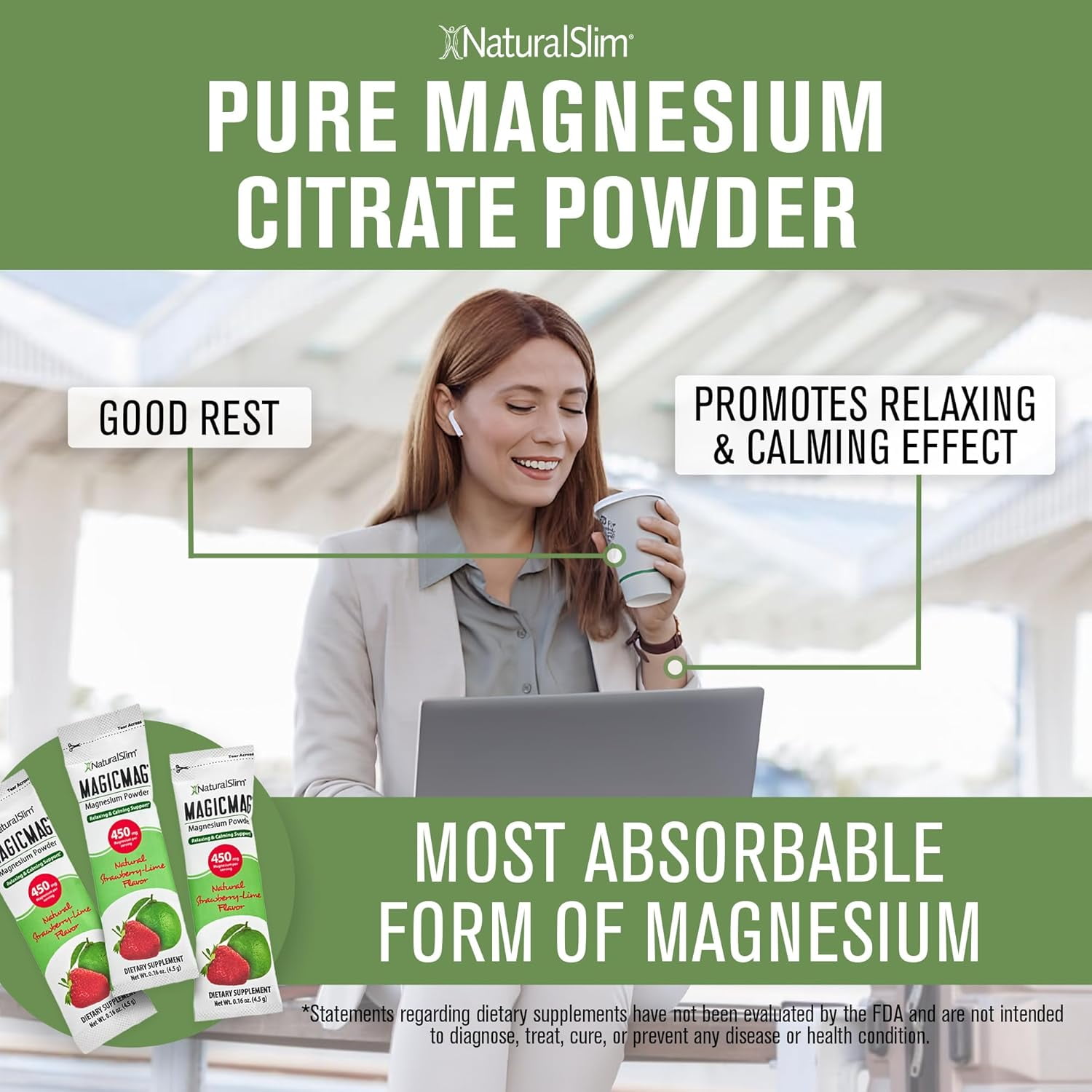 NATURALSLIM MAGICMAG MAGNESIUM CITRATE POWDER STICKS 30 PACKETS FOR STRESS, SLEEP MOOD SUPPORT